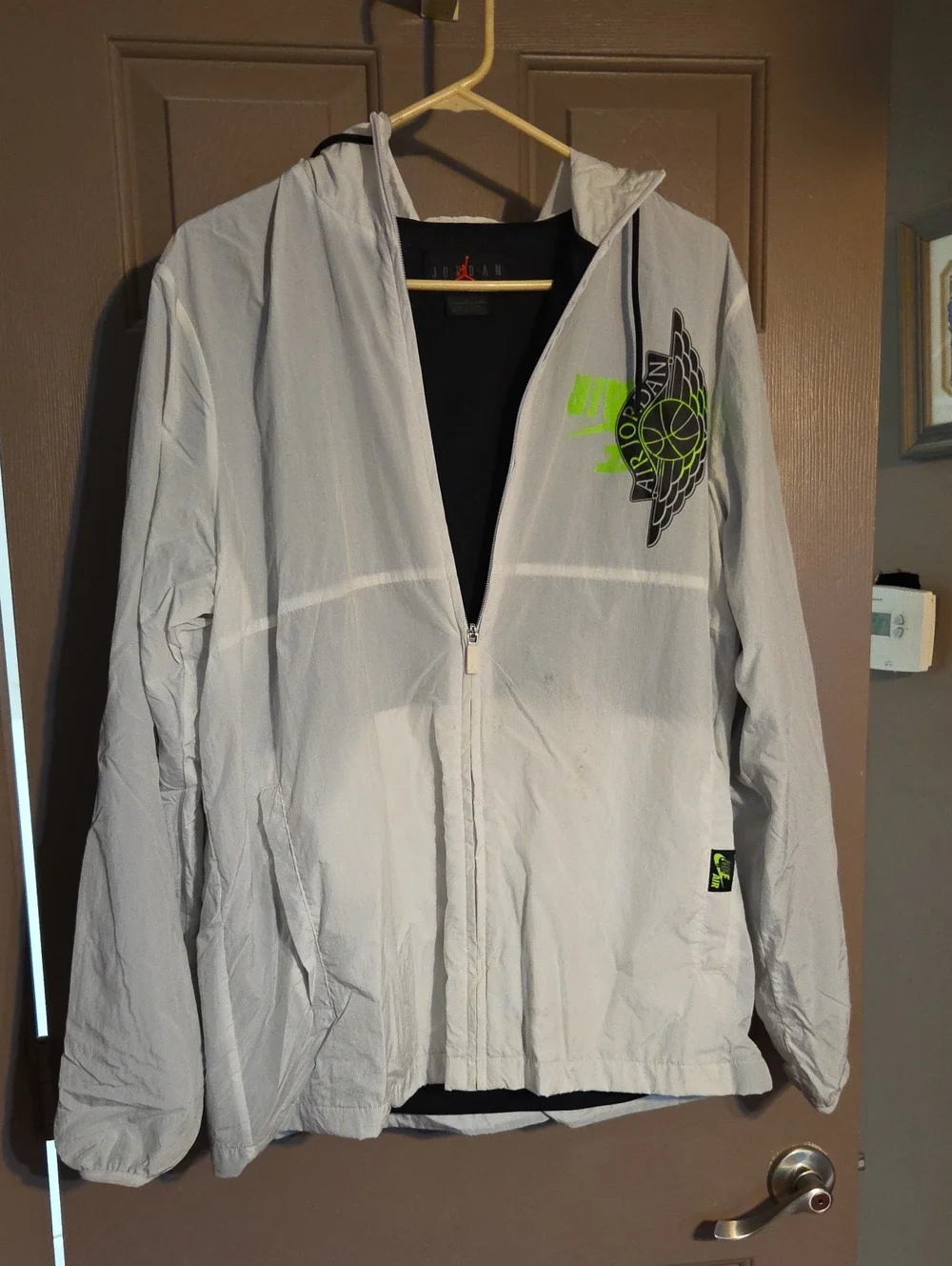 Jordan Light Gray Hooded Windbreaker with Neon Green Detail